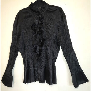 Sunny Taylor Black Top Blouse Sz 3X Crinkled Satin Ruffles Fairy Goth High Neck